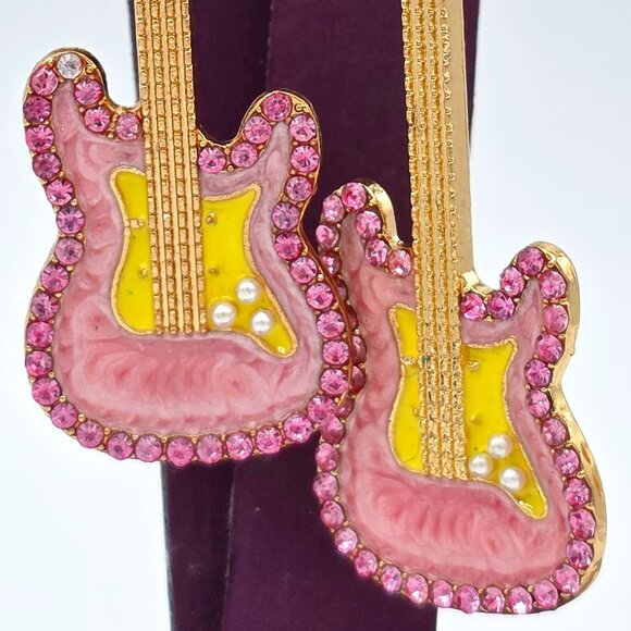 Karden Lane Pink Rhinestone & Enamel Guitar Pearl Gold Dangle Pierced Earrings - Picture 8 of 10
